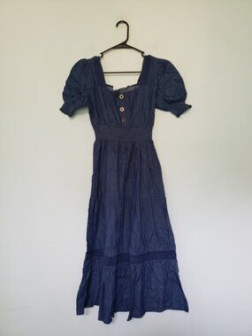 Indigo & Lace Womens M Dress Blue Chambray Milkmaid Smocked Tiers Puff Sleeve